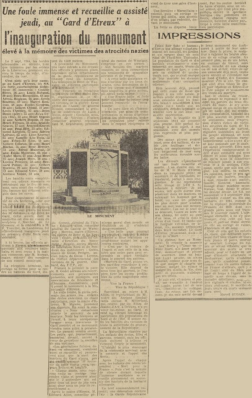 L'inauguration du monument dans l'Aisne Nouvelle du samedi 10 mai 1947