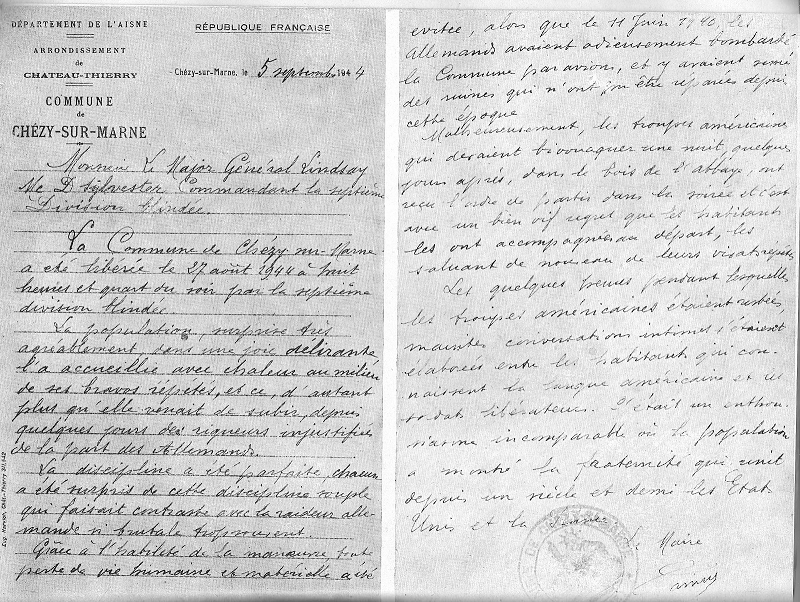 Lettre de la commune de Chézy-sur-Marne au général Sylvester ©Archives de la 7th Armored Division
