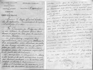 Lettre de la commune de Chézy-sur-Marne au général Sylvester ©Archives de la 7th Armored Division Lettre de la commune de Chézy-sur-Marne au général Sylvester ©Archives de la 7th Armored Division