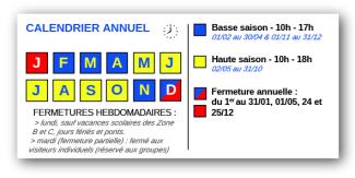 Calendrier annuel des horaires d'ouverture avec distinction basse saison, haute saison, fermetures hebdomadaires et fermetures annuelles du musée de la Résistance et de la Déportation de l'Aisne