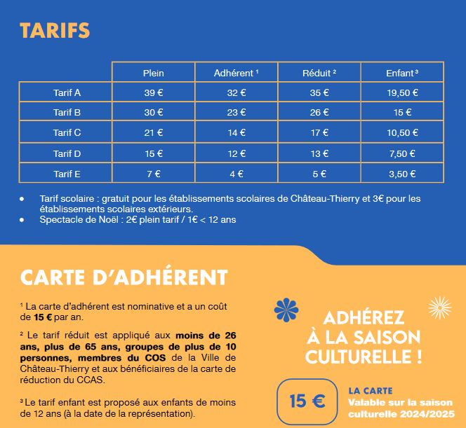 Tarifs saison culturelle 2024-2025 Palais des Rencontres