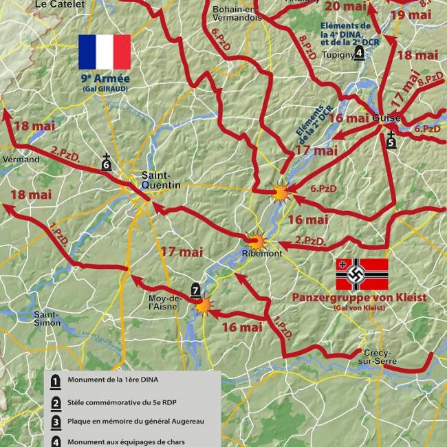 Légende : Carte de la défense de la vallée de l’Oise et du Vermandois. © F. Lefort, CD02.